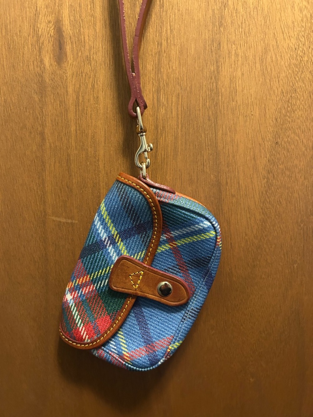 Dooney & Bourke Blue Plaid Wristlet Clutch with Brown Trim